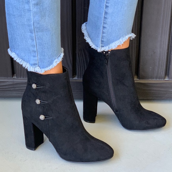 Velvet Sparkle Buttons Block Heel Ankle Booties - Picture 2 of 8
